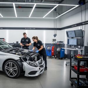 Mercedes-Benz C-Class in a certified collision repair shop with technicians at work