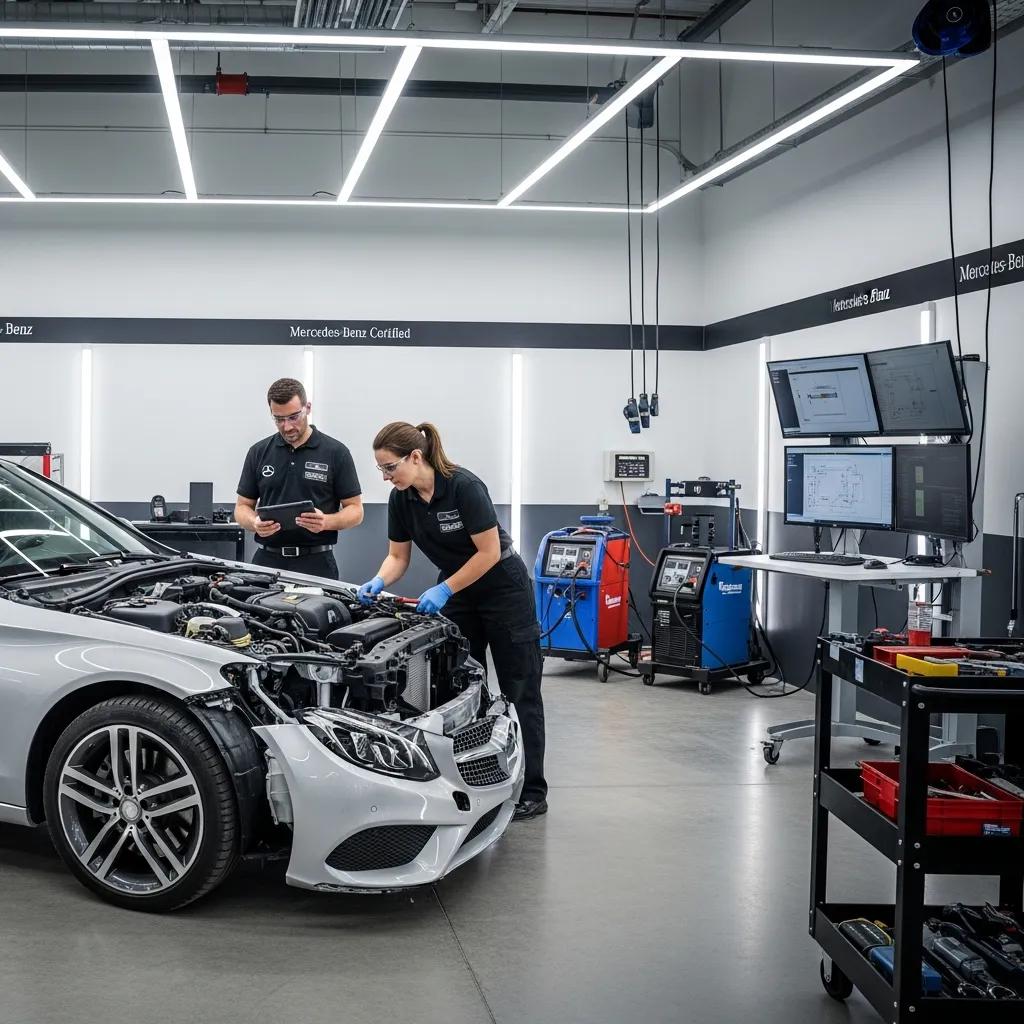 Mercedes-Benz C-Class in a certified collision repair shop with technicians at work