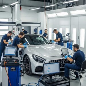 Mercedes-Benz vehicle in a collision repair shop with technicians working on it