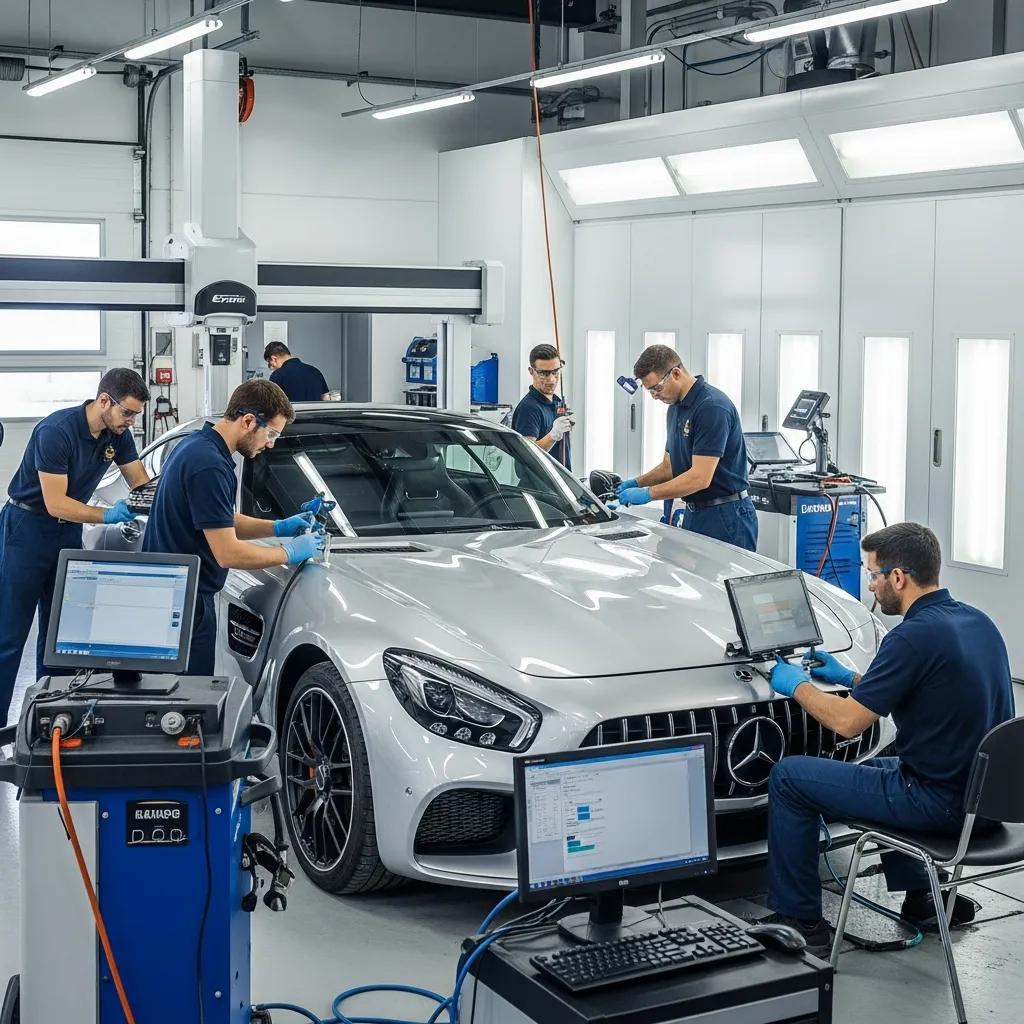Mercedes-Benz vehicle in certified collision repair shop with technicians performing repairs and diagnostics, emphasizing expert service and OEM parts for Burbank auto body repair.