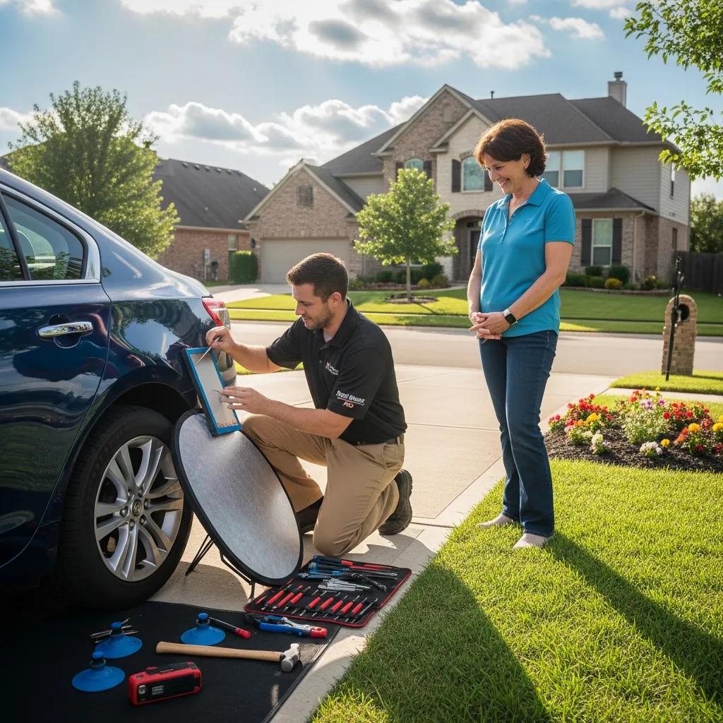 Mobile dent repair technician working on a car in a driveway to show on-site service convenience
