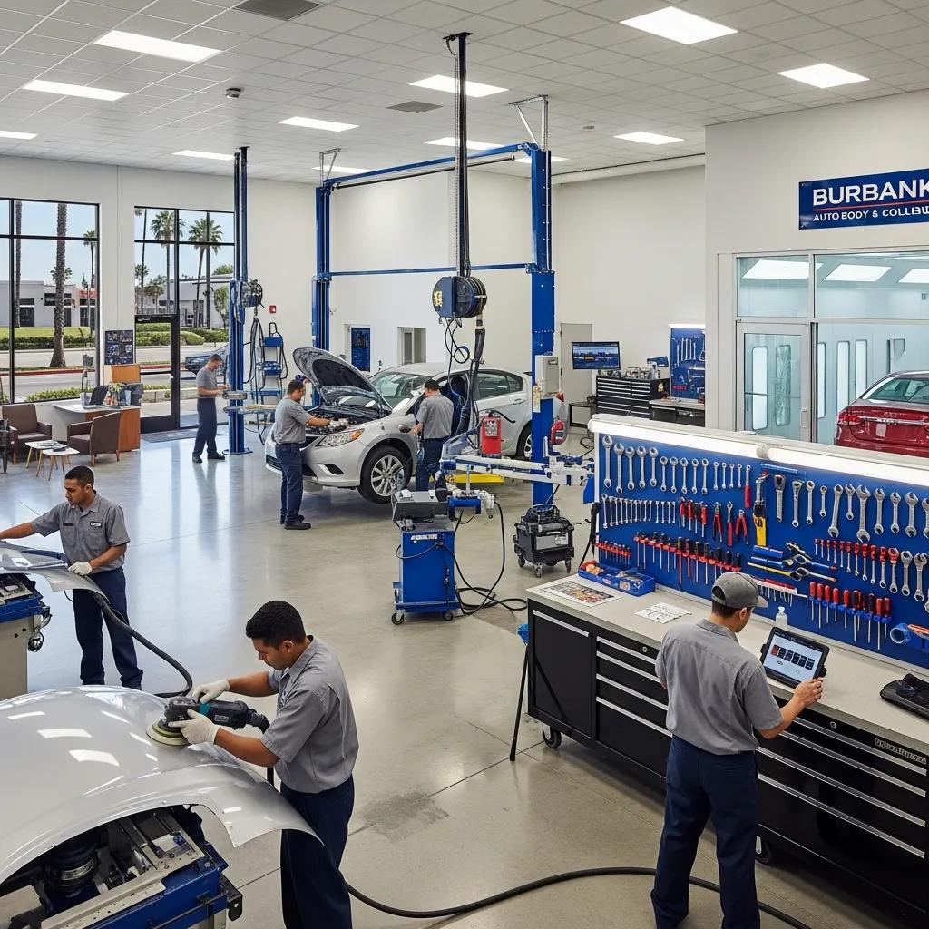 Modern auto body repair shop in Burbank with technicians working on vehicles, showcasing tools and equipment for collision repairs.