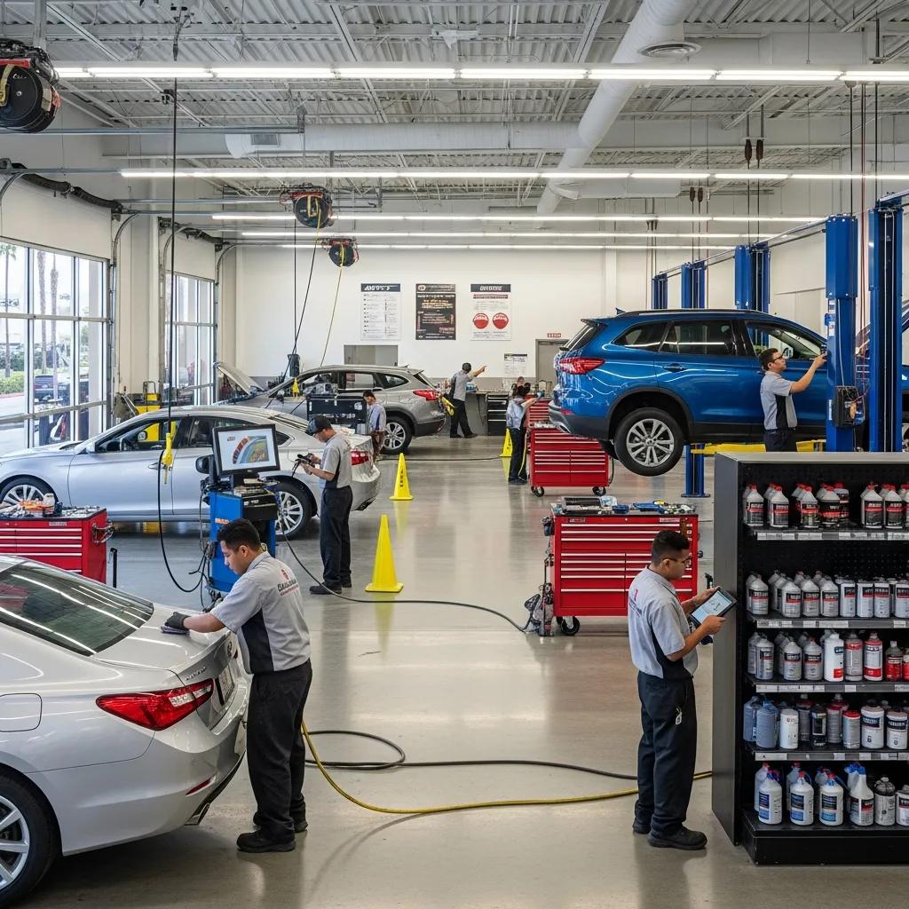 Auto body repair shop in Burbank with technicians working on vehicles, performing maintenance and inspections, showcasing a modern facility with various cars and tools.