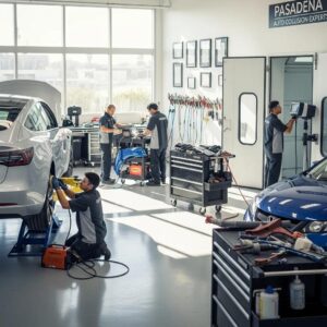 Modern auto body repair shop in Pasadena with technicians working on vehicles, highlighting expertise in collision repair
