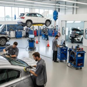Modern auto body repair shop with technicians working on vehicles, emphasizing certified repair processes