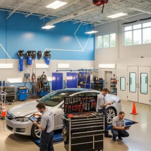 Modern auto body repair shop with technicians working on vehicles, emphasizing safety and professionalism