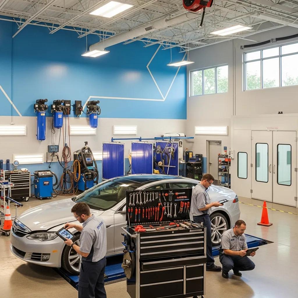 Modern auto body repair shop with technicians working on vehicles, emphasizing safety and professionalism