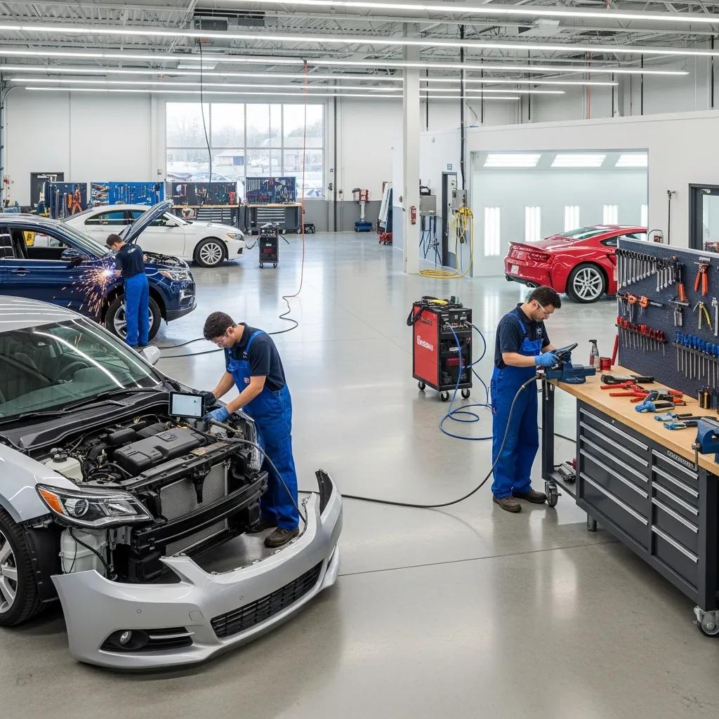 Technicians in blue coveralls working on vehicles in a modern auto body repair shop, showcasing expertise and professionalism in certified collision repair and maintenance.