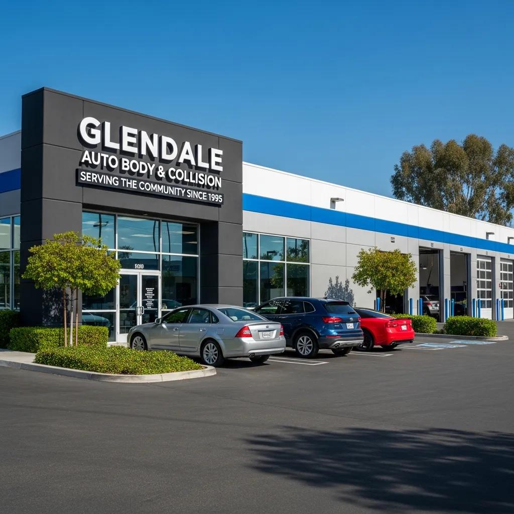 Modern auto body shop exterior in Glendale with clear signage and parked cars