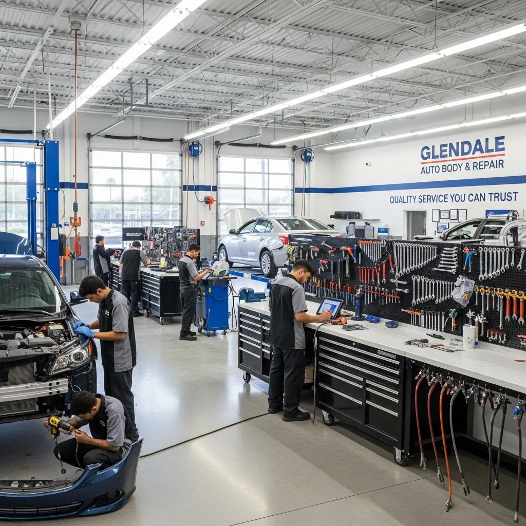 Technicians working in a modern auto body shop in Glendale, CA, focused on quality collision repair services, with tools and equipment visible, highlighting professionalism and attention to detail.