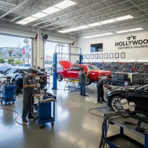 Modern auto body shop in Hollywood with technicians repairing vehicles