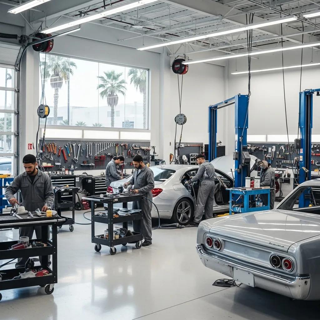 Technicians working in a modern auto body shop in Los Angeles, repairing vehicles with tools and equipment, emphasizing certified collision repair and quality service.