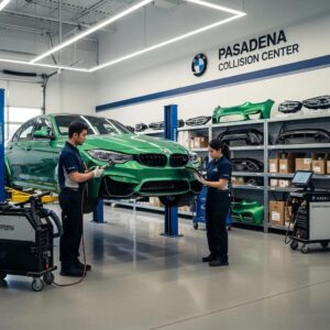 Modern BMW body shop in Pasadena with technicians repairing a vehicle, emphasizing expert collision repair services