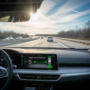 Modern car with adaptive cruise control technology on a highway