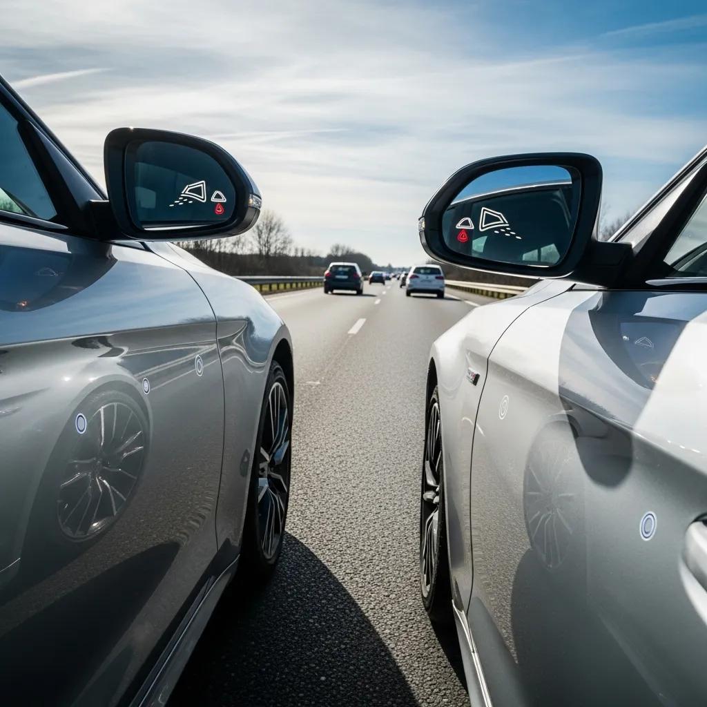 Modern cars with blind spot monitoring sensors on a busy highway, showcasing safety technology and adjacent traffic.