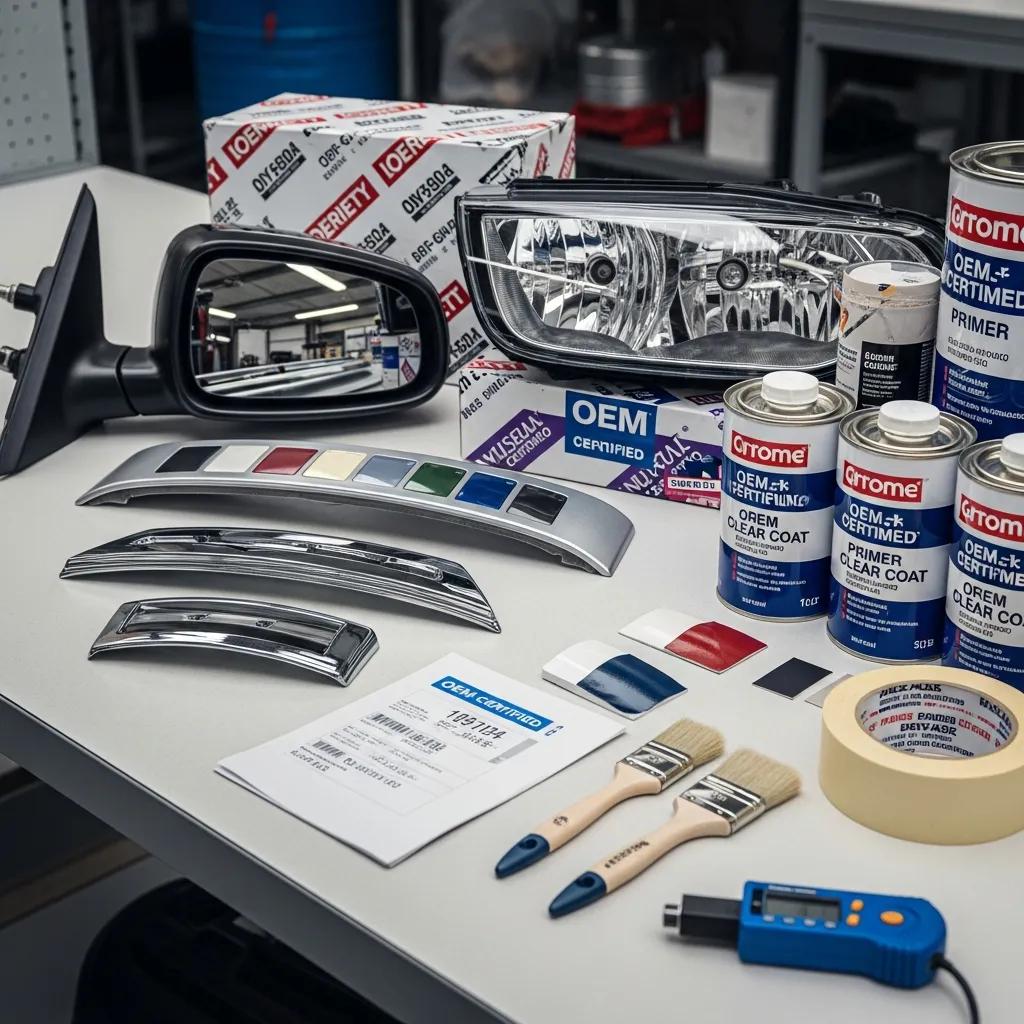 OEM-certified auto body repair materials including paint samples, primer, clear coat cans, a side mirror, and a headlight, arranged on a workbench in an auto body shop.