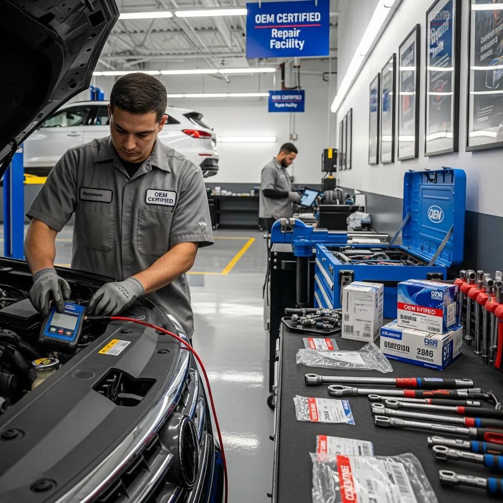 OEM-certified technician performing a vehicle repair in a modern auto body shop