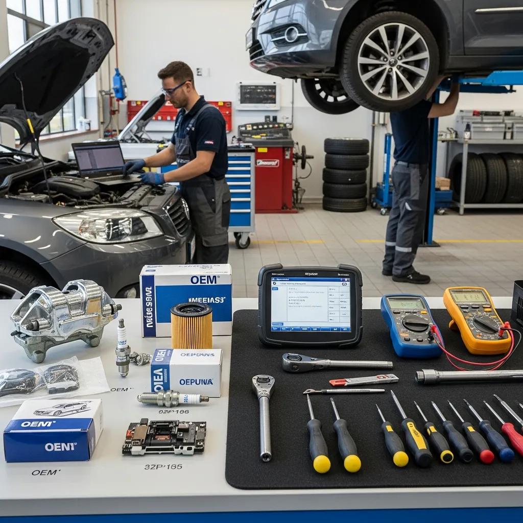 OEM parts and tools in a workshop &mdash; highlighting quality and safety in vehicle repairs