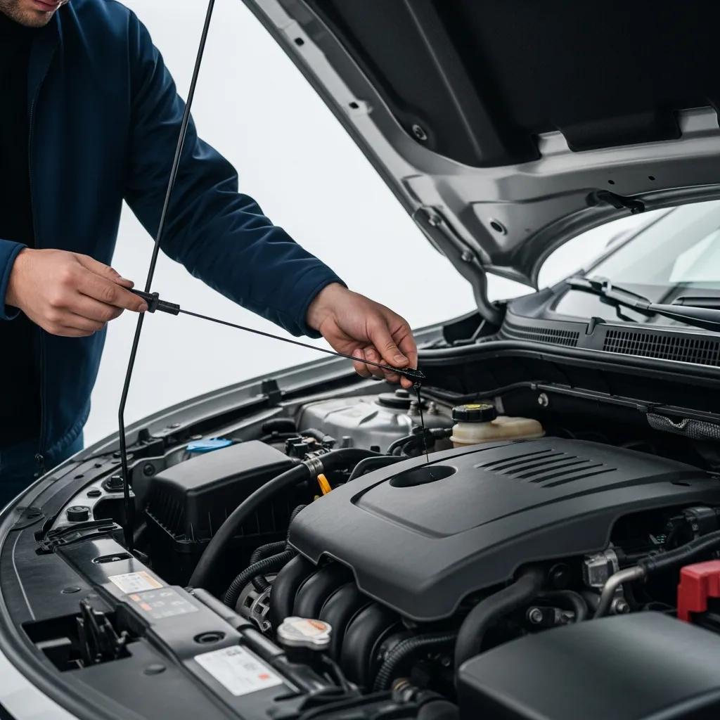 Person checking engine oil level with a dipstick in a car engine, illustrating proper vehicle maintenance and oil level assessment.