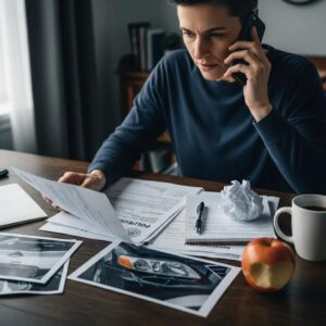 Person communicating with an insurance agent about a car accident claim, surrounded by relevant documentation