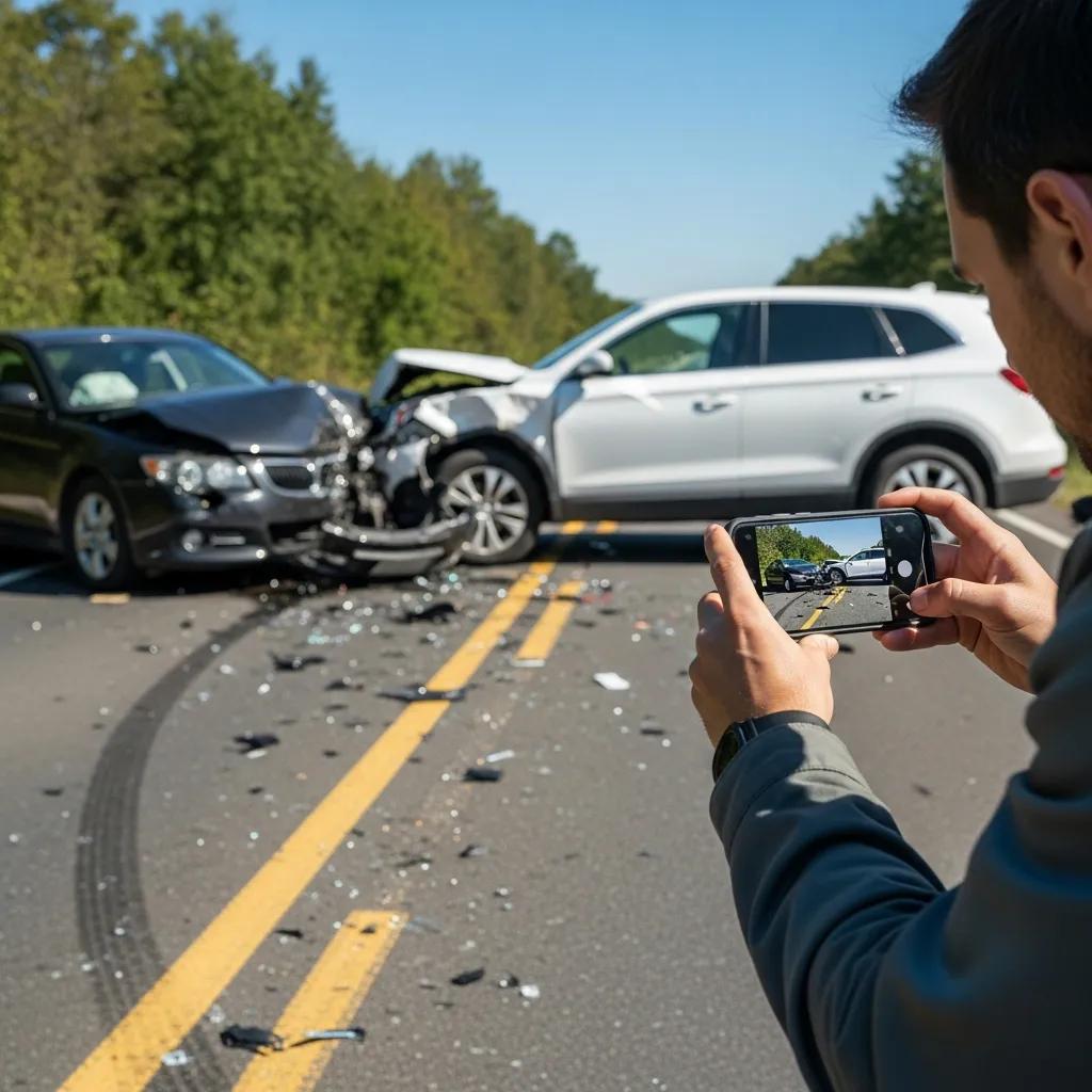 Person documenting a car accident scene with a smartphone, capturing damage to vehicles and debris on the road, emphasizing safety and documentation steps after a collision.