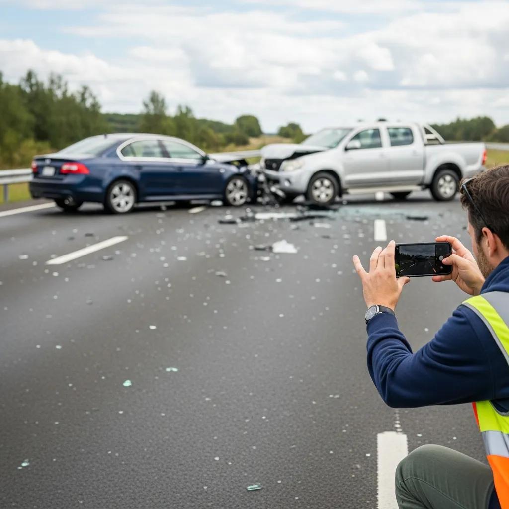 Person taking photos of a car accident scene with a smartphone to document damage and exchange information