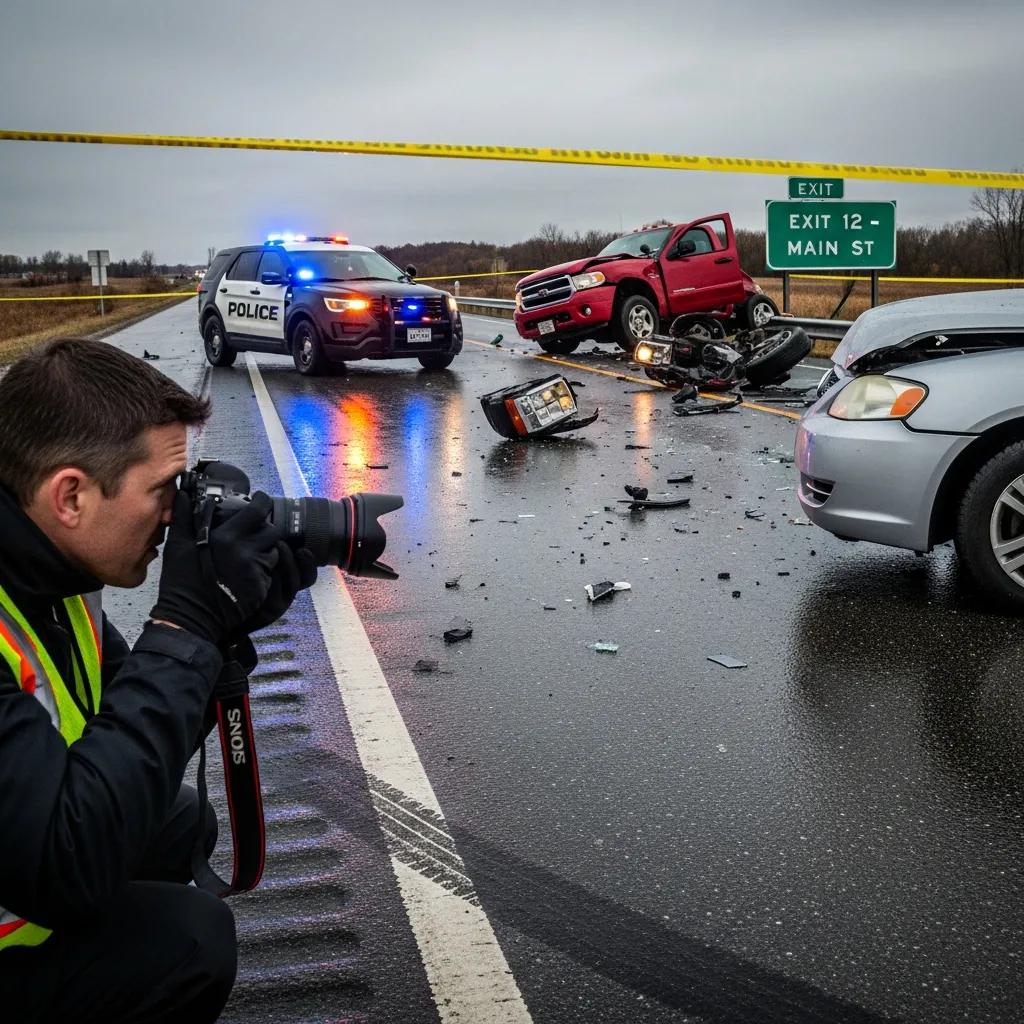 Person documenting a car accident scene with a camera, police vehicle and damaged cars in background, debris scattered on road, emphasizing safety and evidence collection.