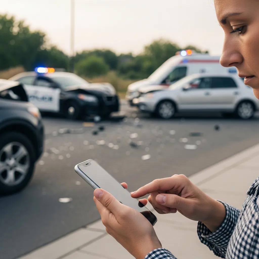 Person using smartphone to file a car insurance claim at an accident scene with police and emergency vehicles in the background.