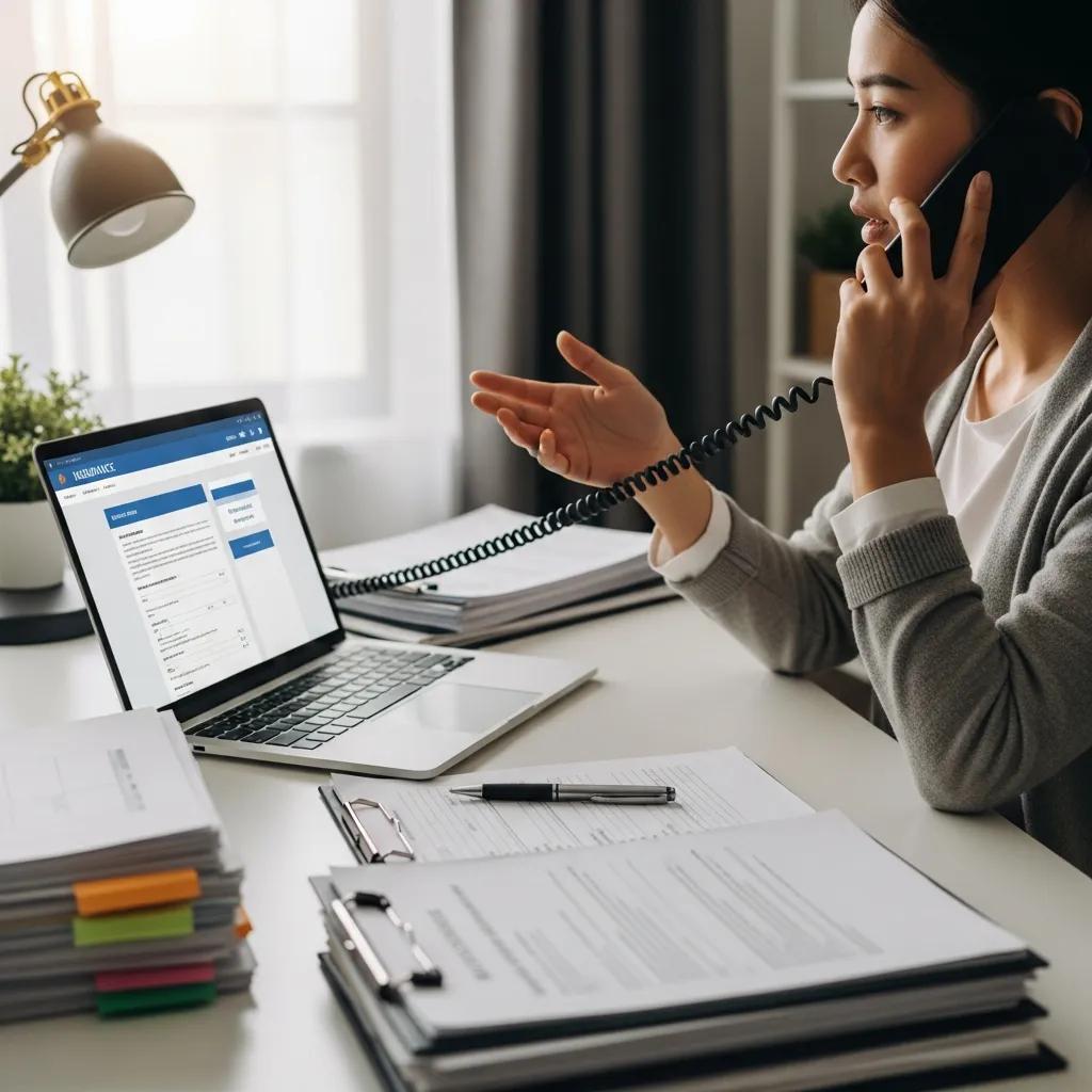 Person on the phone discussing insurance claim process, laptop displaying insurance form, surrounded by paperwork related to car accident documentation.