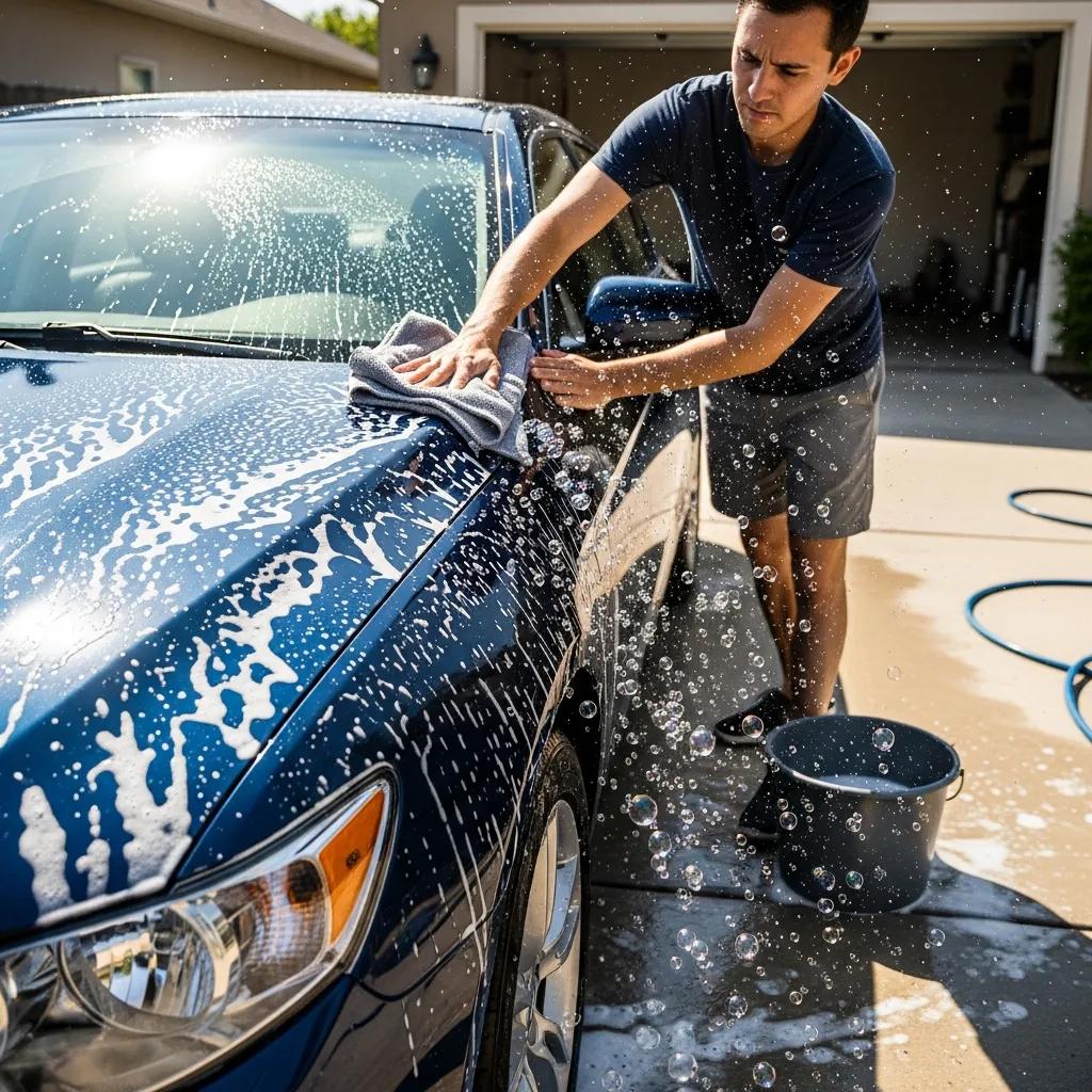 Owner washing car with pH-neutral shampoo to protect paint from sun