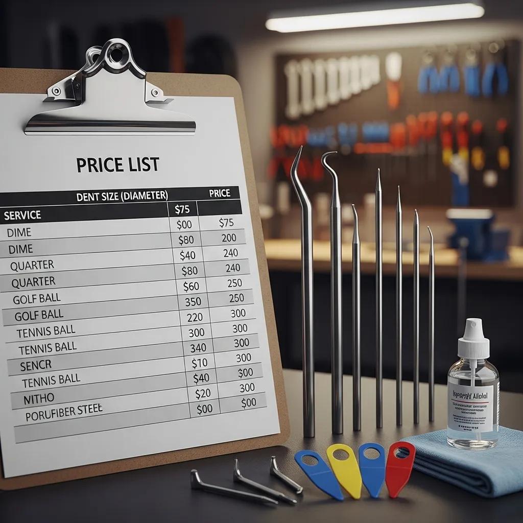 Price list for paintless dent repair services with various tools in a workshop setting, featuring a clipboard displaying dent sizes and corresponding prices, alongside dent repair tools and a bottle of solution.