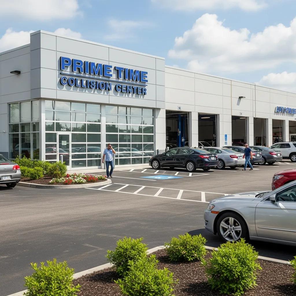 Prime Time Collision Center exterior showcasing a modern auto body shop with customers arriving and departing, emphasizing services for Burbank drivers.