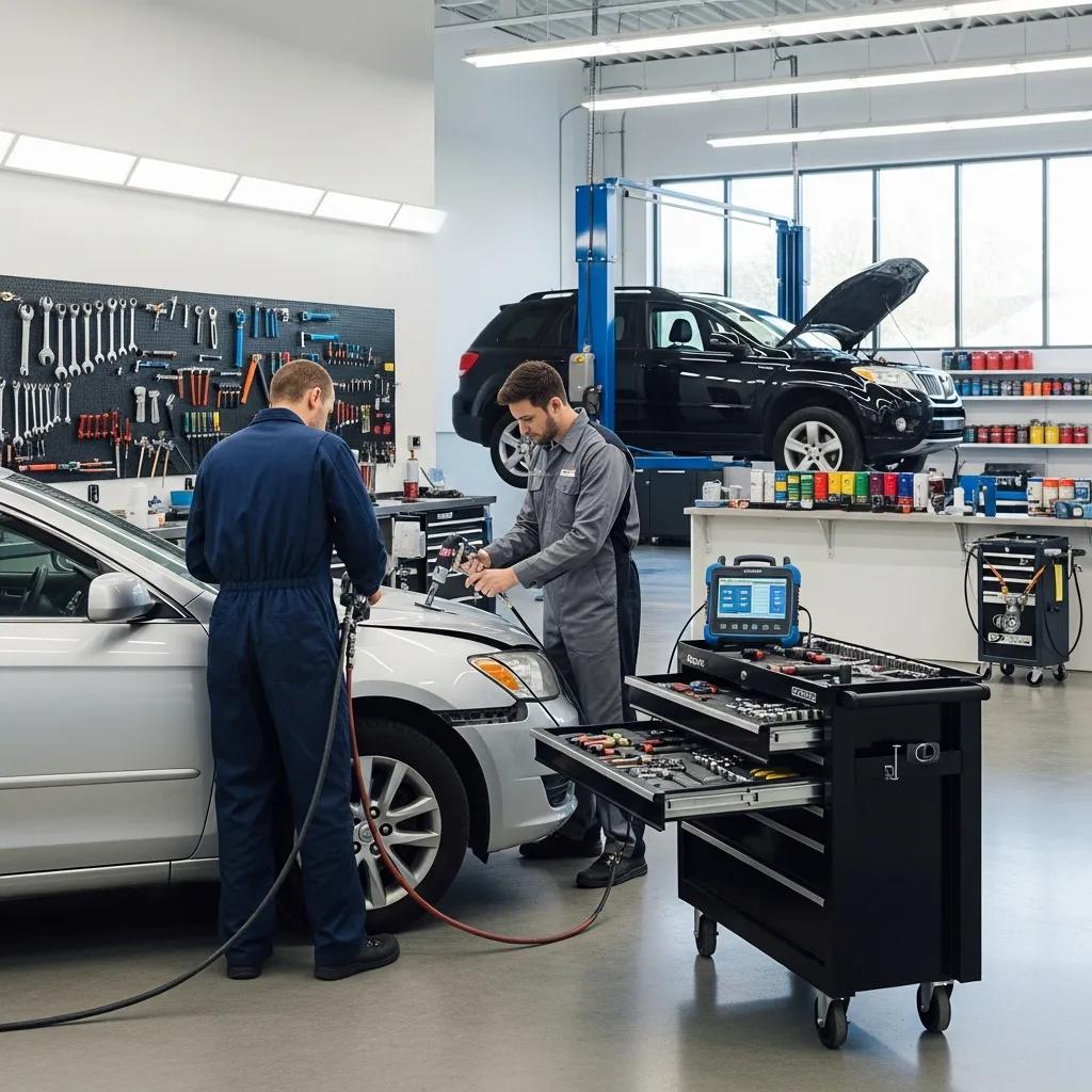 Technicians performing professional auto body repair on a vehicle in a modern auto shop, with tools and equipment visible, emphasizing quality service and expertise.