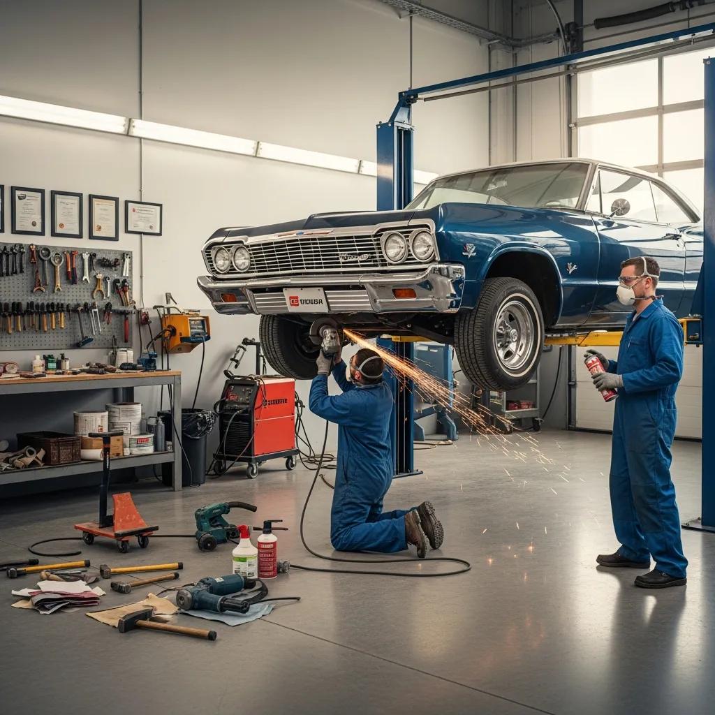 Professional auto body shop scene with technicians performing car rust repair
