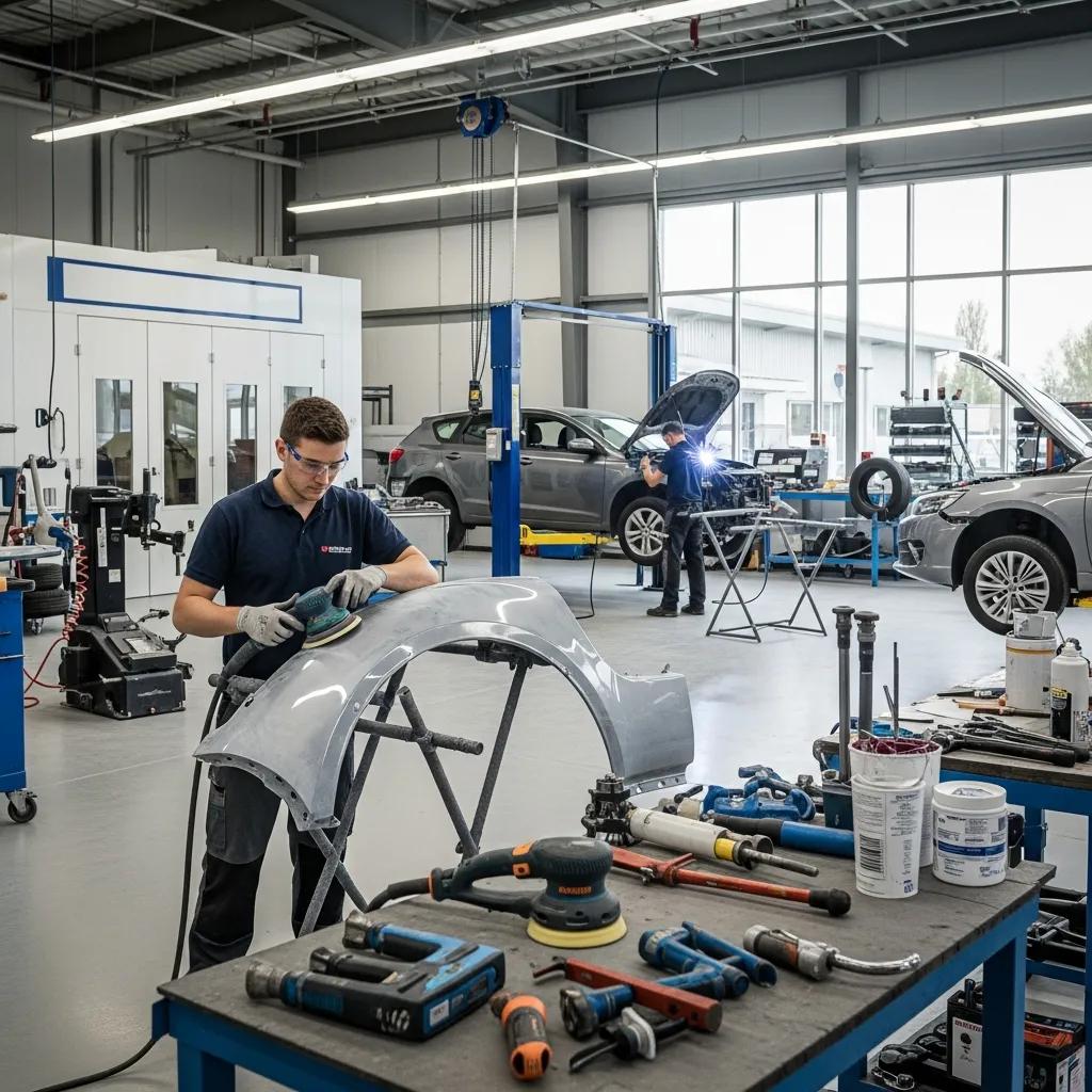 Professional auto body shop with technicians repairing a car fender, highlighting quality service and expertise