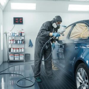 Professional auto painting service in Silver Lake showcasing a technician painting a car