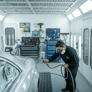 Professional auto painting service showcasing a technician applying paint in a clean workshop
