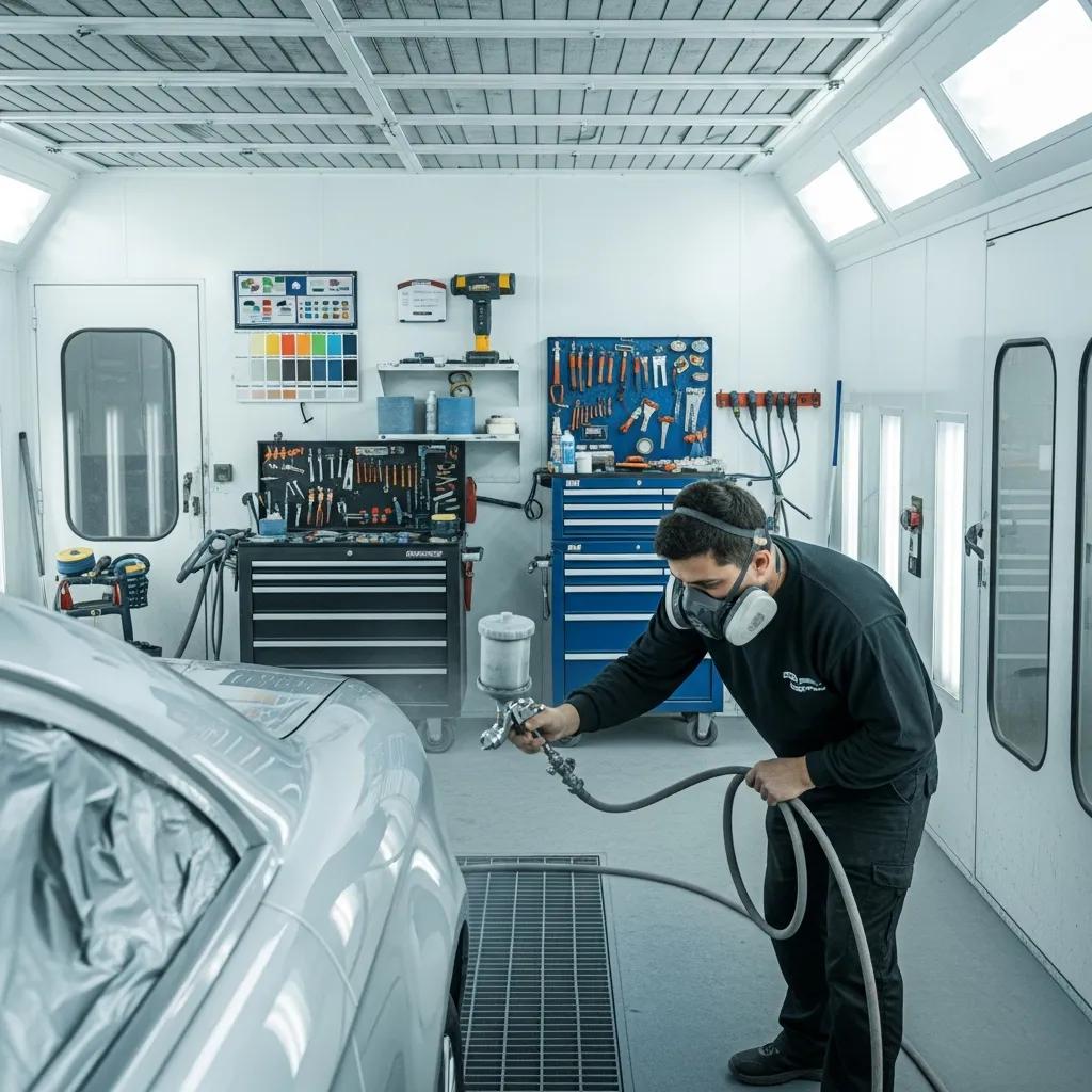Technician applying OEM-quality paint in a clean auto painting workshop, showcasing professional car painting services in Atwater Village.