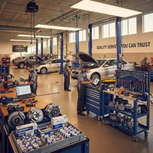 Professional auto repair shop with technicians using OEM parts and tools