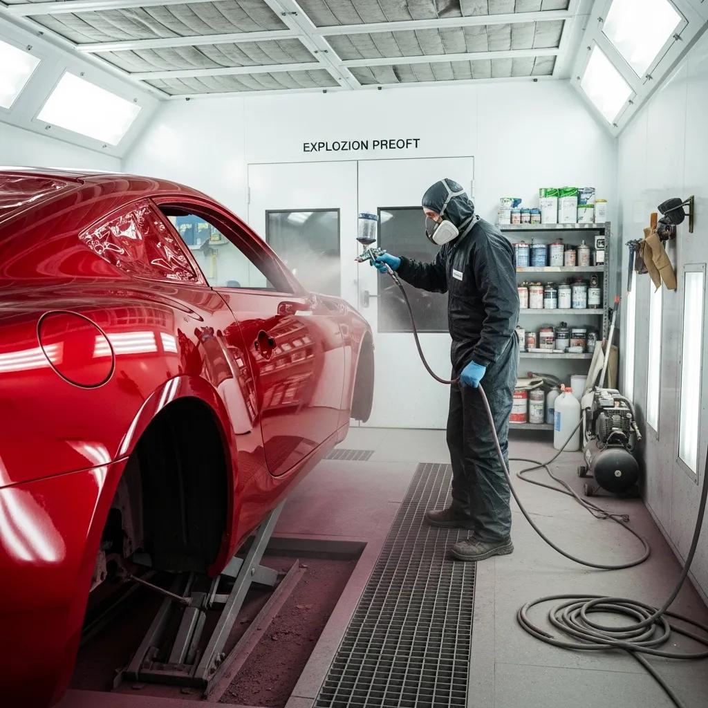 Technician applying red paint to a car in a professional auto body shop, showcasing the car painting process with controlled environment and equipment for OEM-quality repairs in Los Angeles, CA.