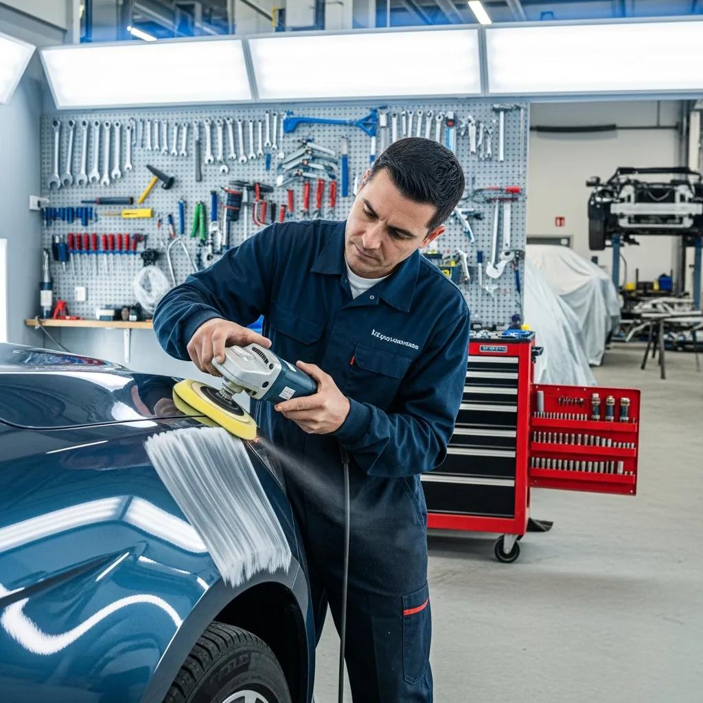 Professional technician using a polishing tool on a car's surface in an auto body shop, focusing on scratch and scuff removal to restore vehicle appearance and protect its value.