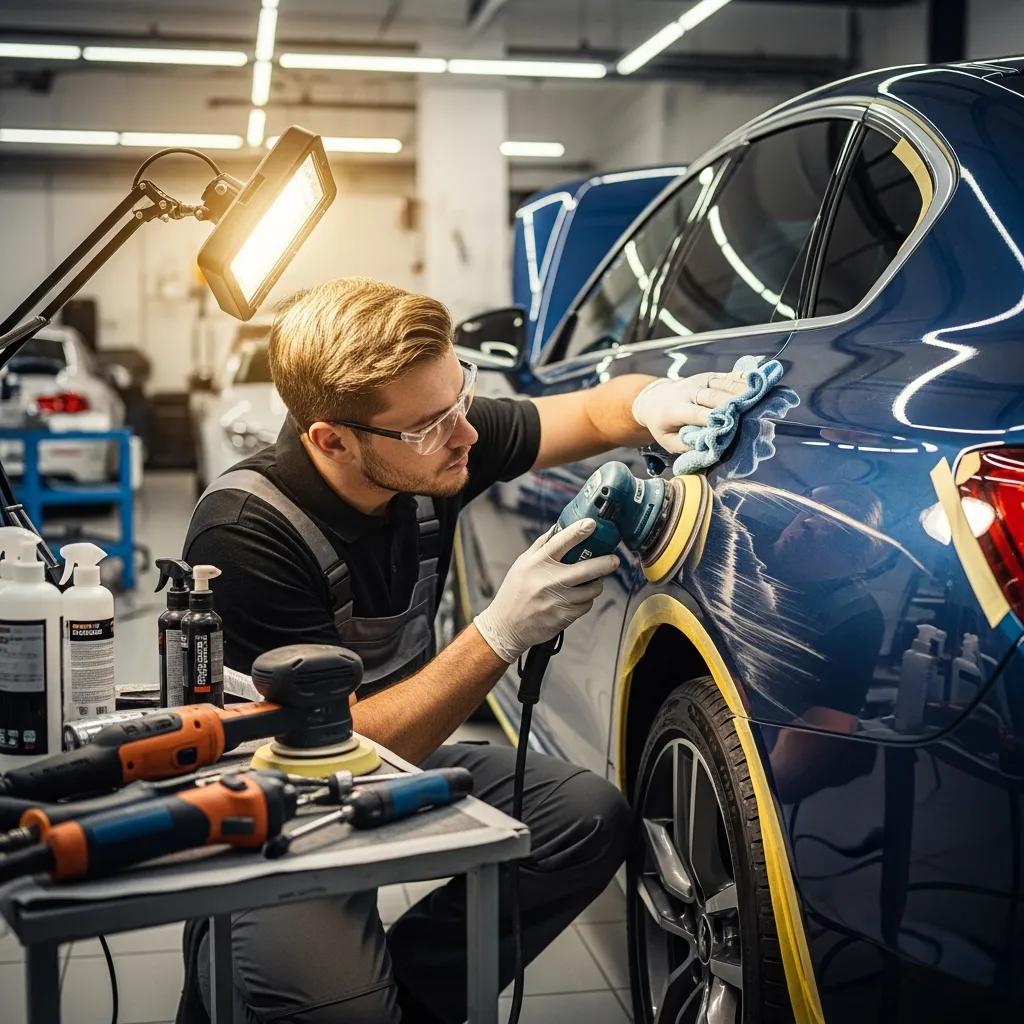 Professional technician repairing car scratches with precision tools in a workshop