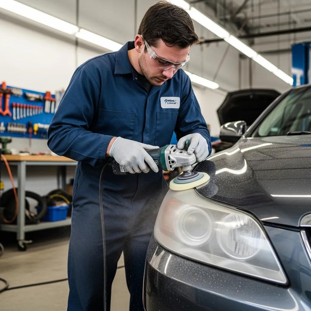 Professional technician restoring vehicle headlights in an auto repair shop, enhancing clarity and safety for improved visibility.