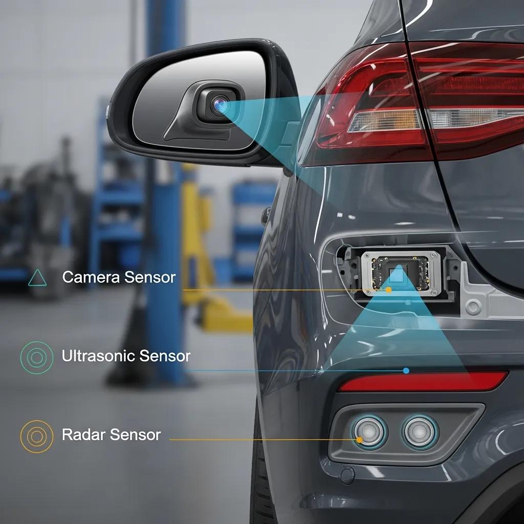Camera sensor near side mirror, ultrasonic sensor in lower bumper, radar sensor at rear, illustrating components of blind spot monitoring systems in a vehicle repair setting.