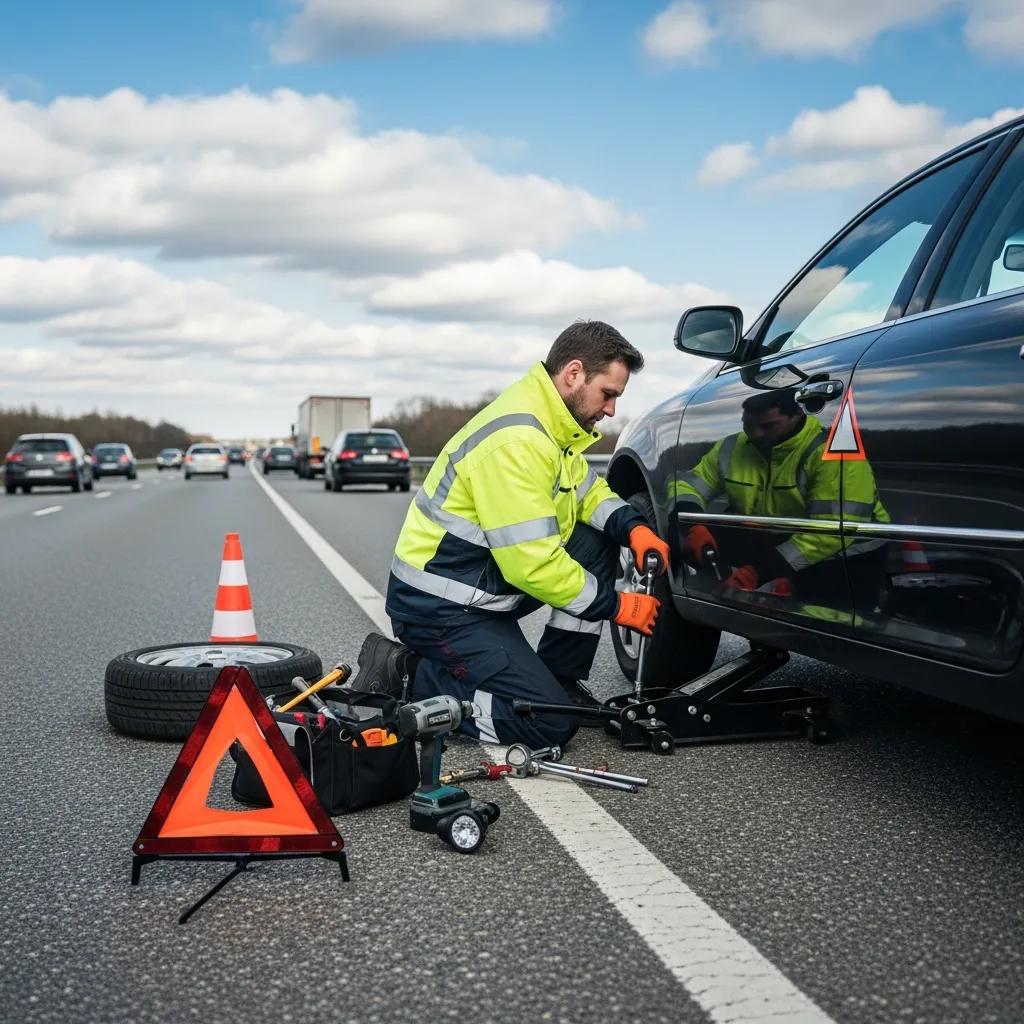Technician performing a tire change during roadside assistance