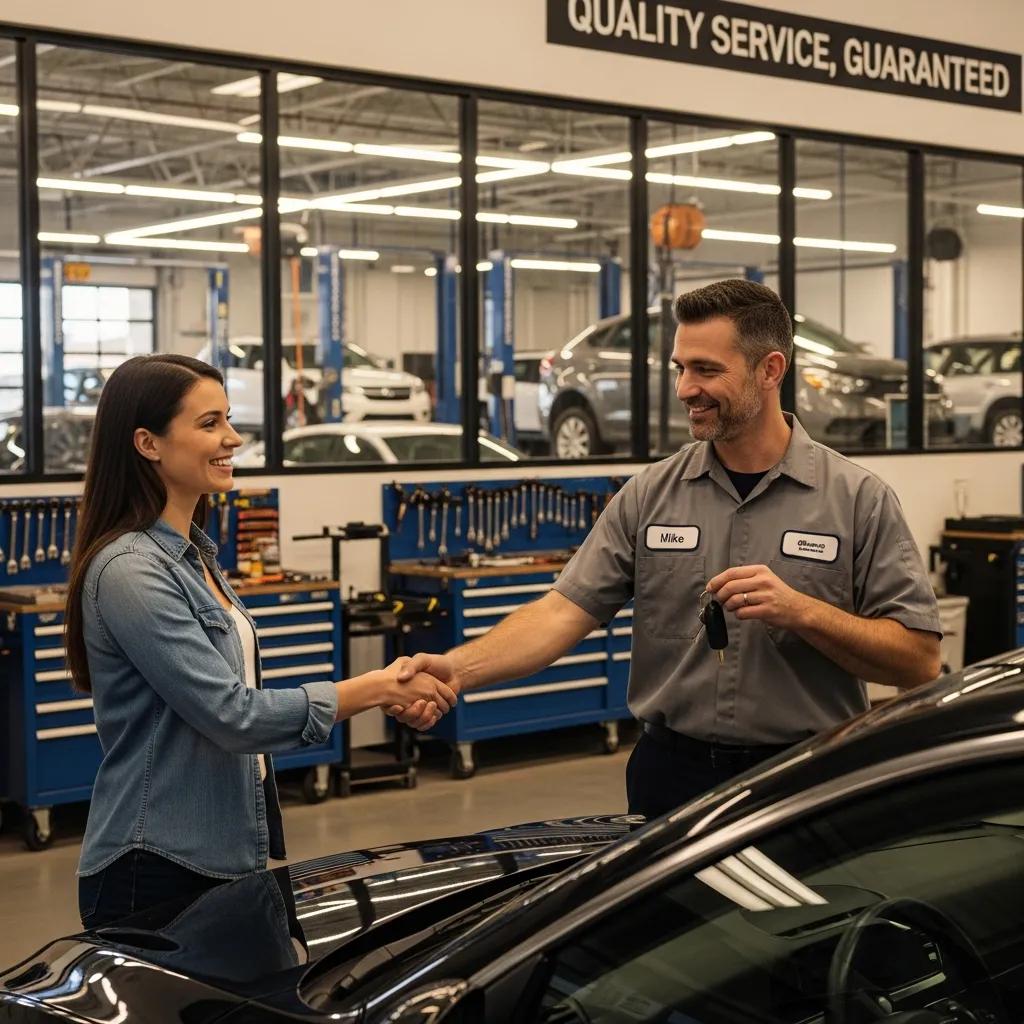 Happy customer receiving their repaired vehicle, highlighting quality service and warranty support