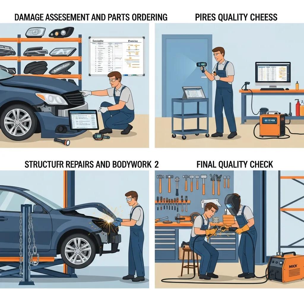 Damage assessment and parts ordering, quality checks, structural repairs and bodywork, final quality control in a car accident repair process.