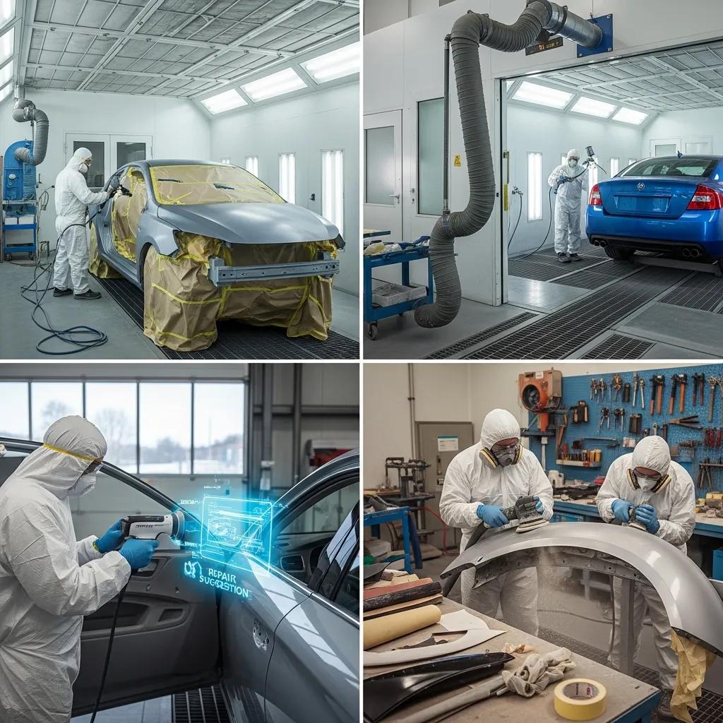 Technicians working through the staged car painting workflow at Prime Time Collision Center