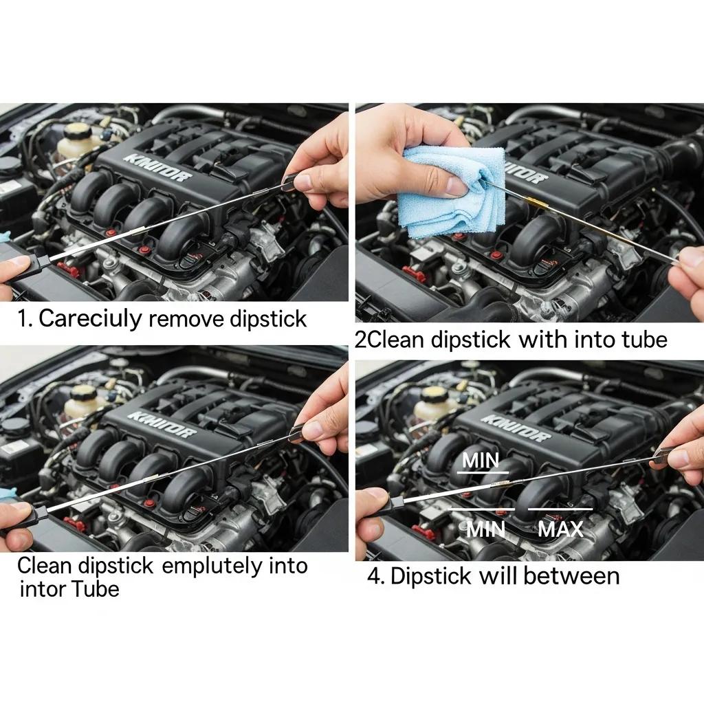 Step-by-step process of checking engine oil using a dipstick, showing a hand removing and cleaning the dipstick in an engine bay, with visible oil level indicators labeled MIN and MAX.