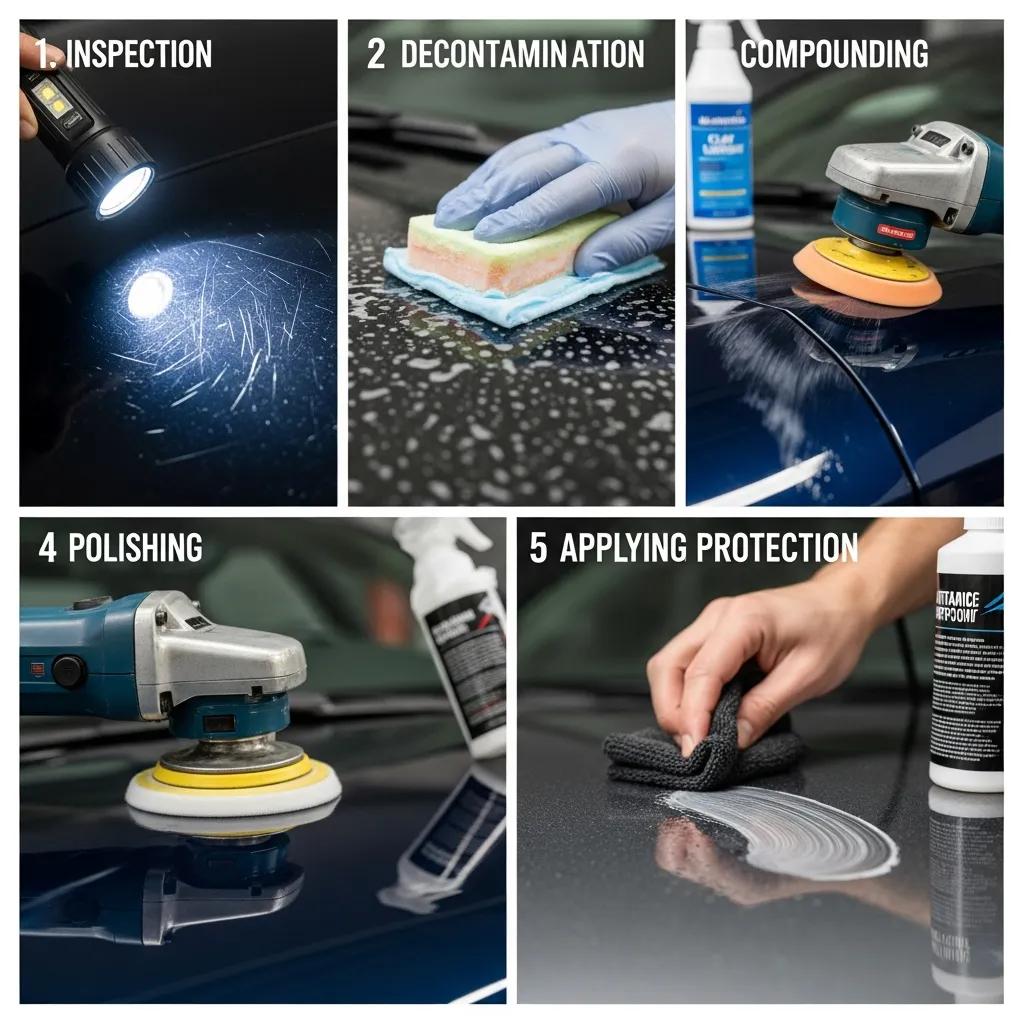 Step-by-step process of clear coat repair including inspection, compounding, and polishing